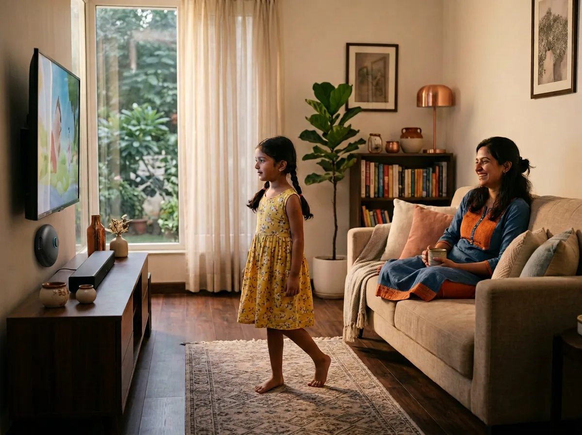 Indian child stepping back from a television while a parent stays relaxed