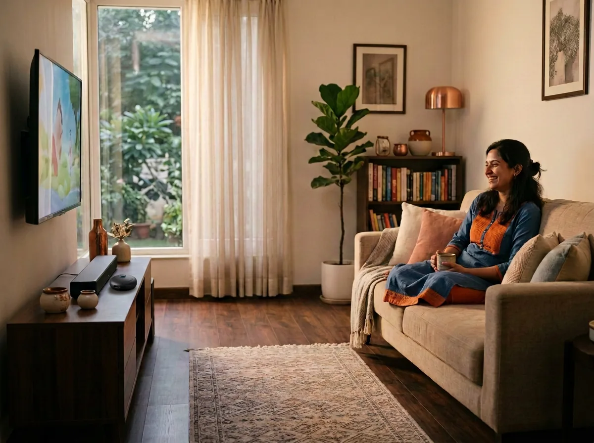 Indian family room with the Balaksh device, television and parent, ready for an autoplay distance demonstration