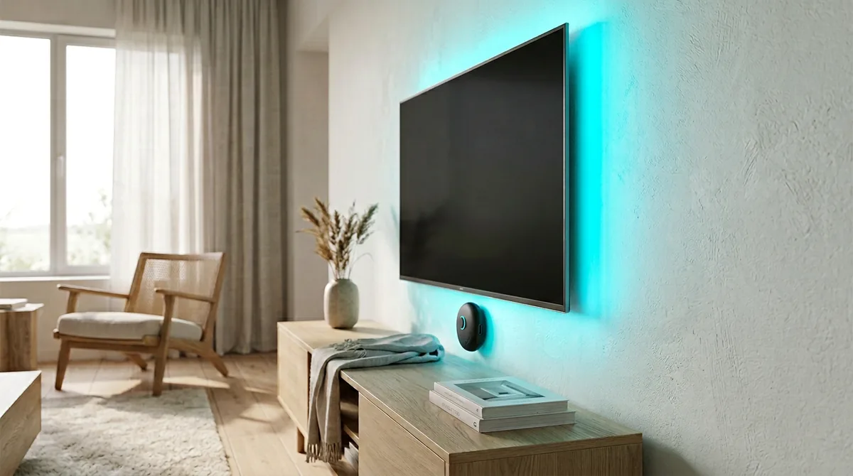 Balaksh discreetly mounted below a television in a calm living room